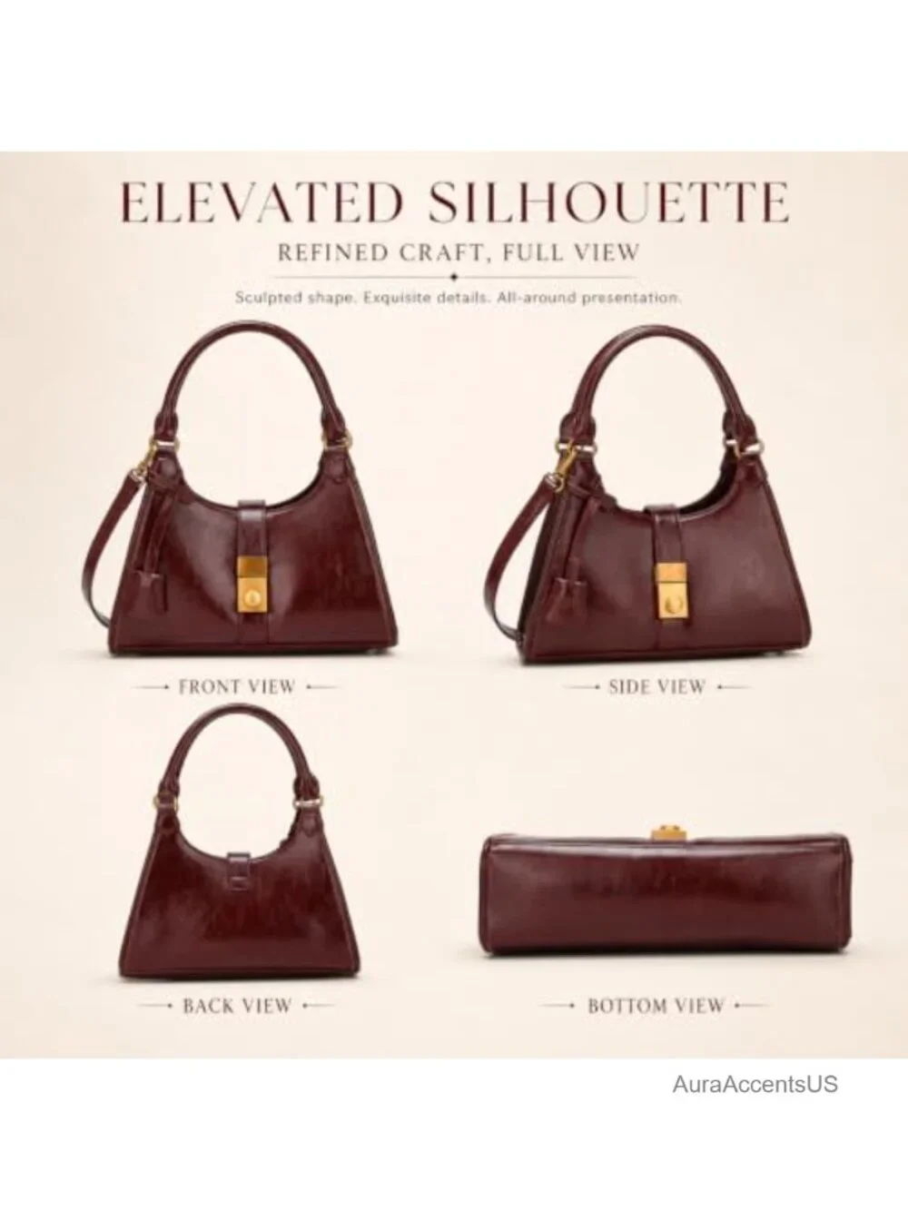 Vegan Leather Crescent Hobo Bag with Push Lock and Inner Pouch